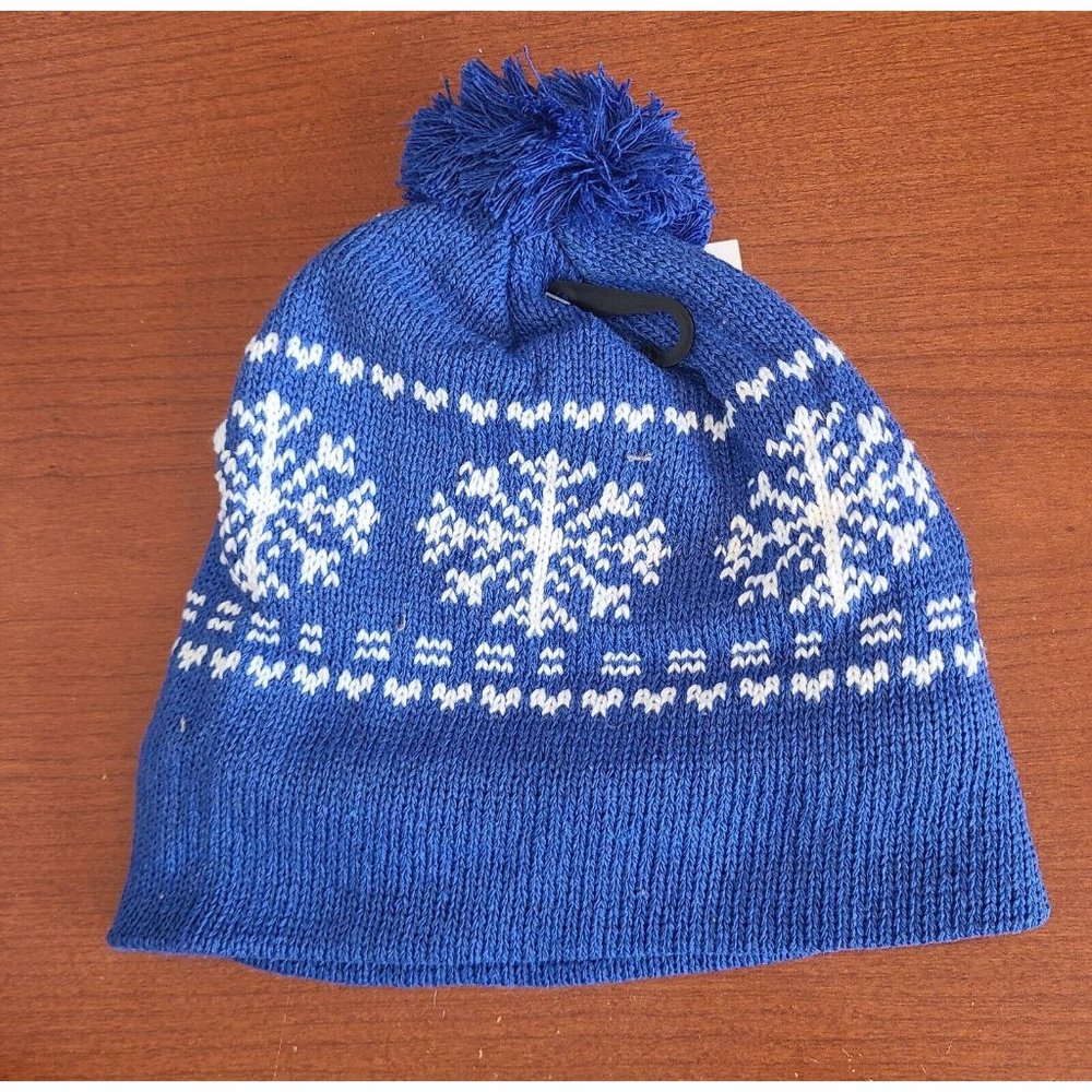 Winter Ski Hat Pom Beanie Snowflake Blue & White Lined Snow Cap BRAND NEW